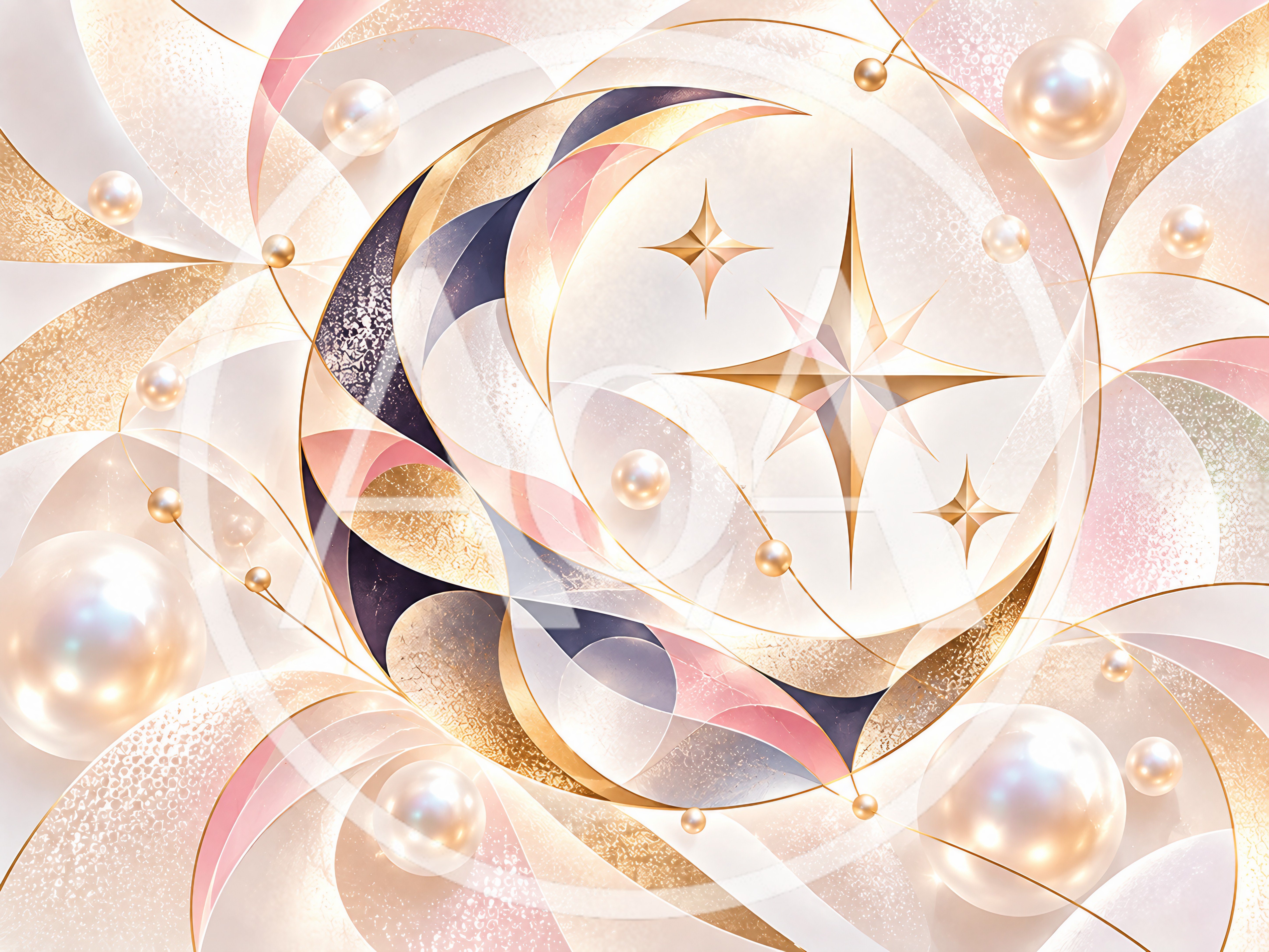 Abstract Celestial Moon and Stars with Floating Pearls