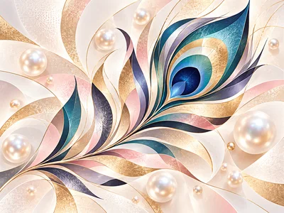 Abstract Peacock Feather Art With Pearls