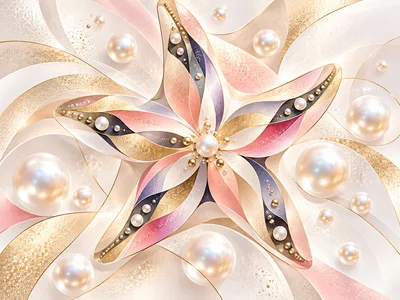 Abstract Floral Design With Pearls And Gold Accents