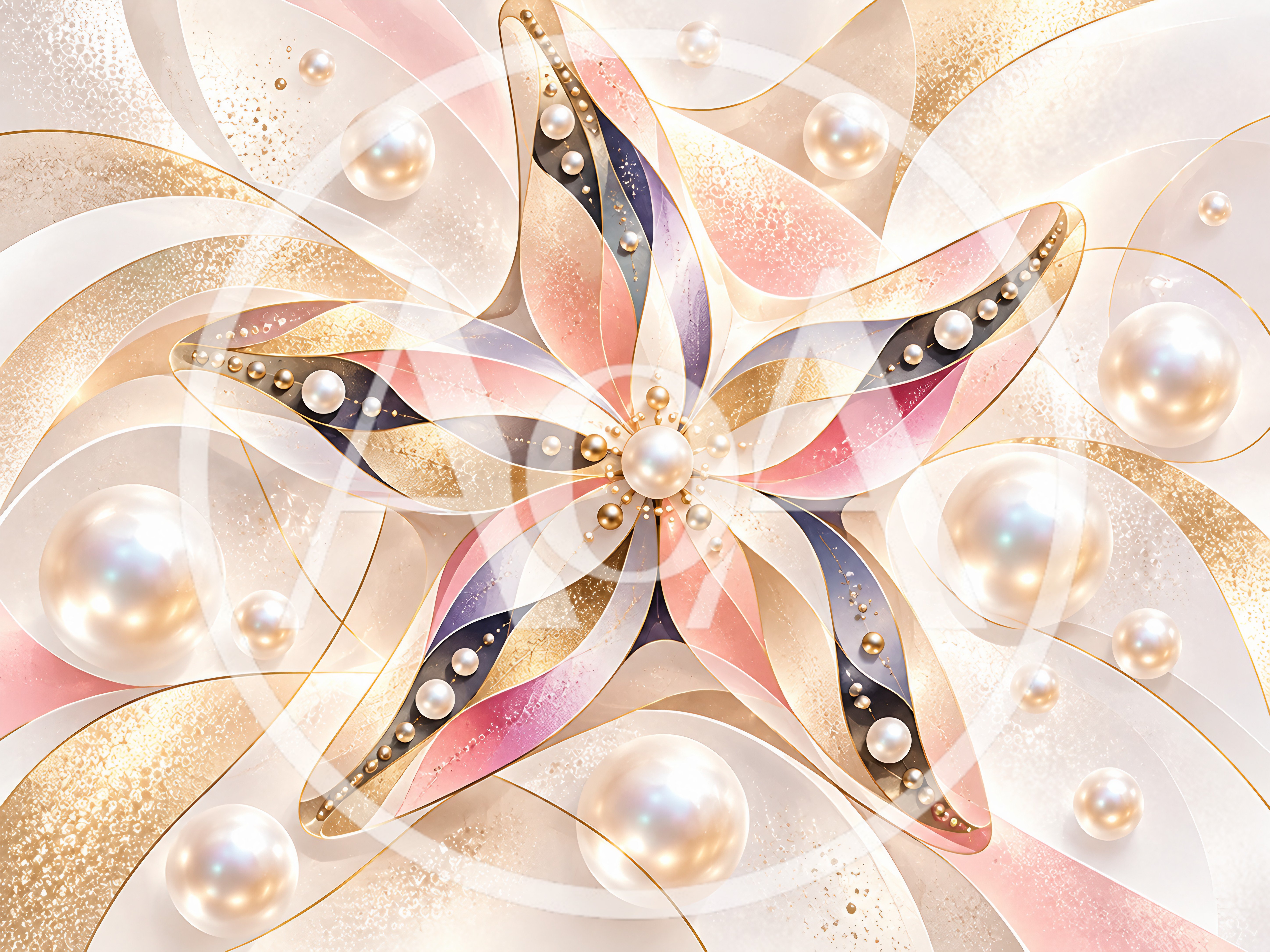 Abstract Floral Design With Pearls And Gold Accents