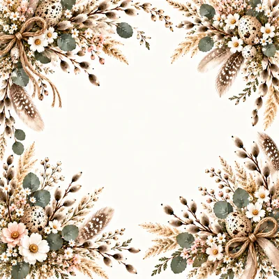 Easter Floral Frame With Quail Eggs And Feathers