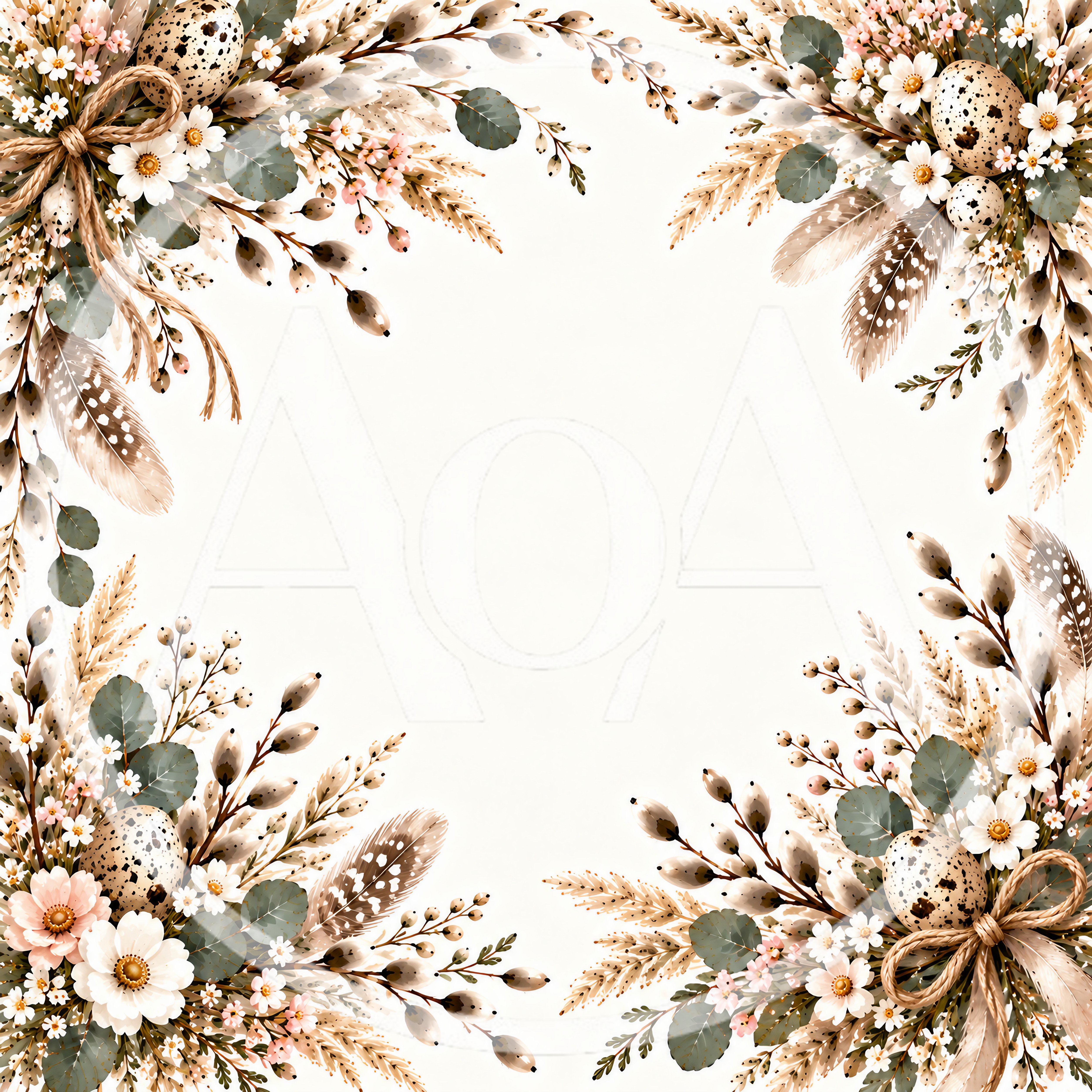 Easter Floral Frame With Quail Eggs And Feathers