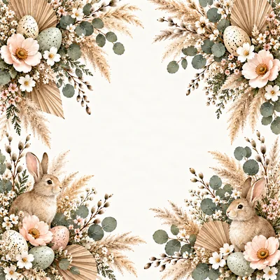 Easter Bunny Floral Frame With Speckled Eggs