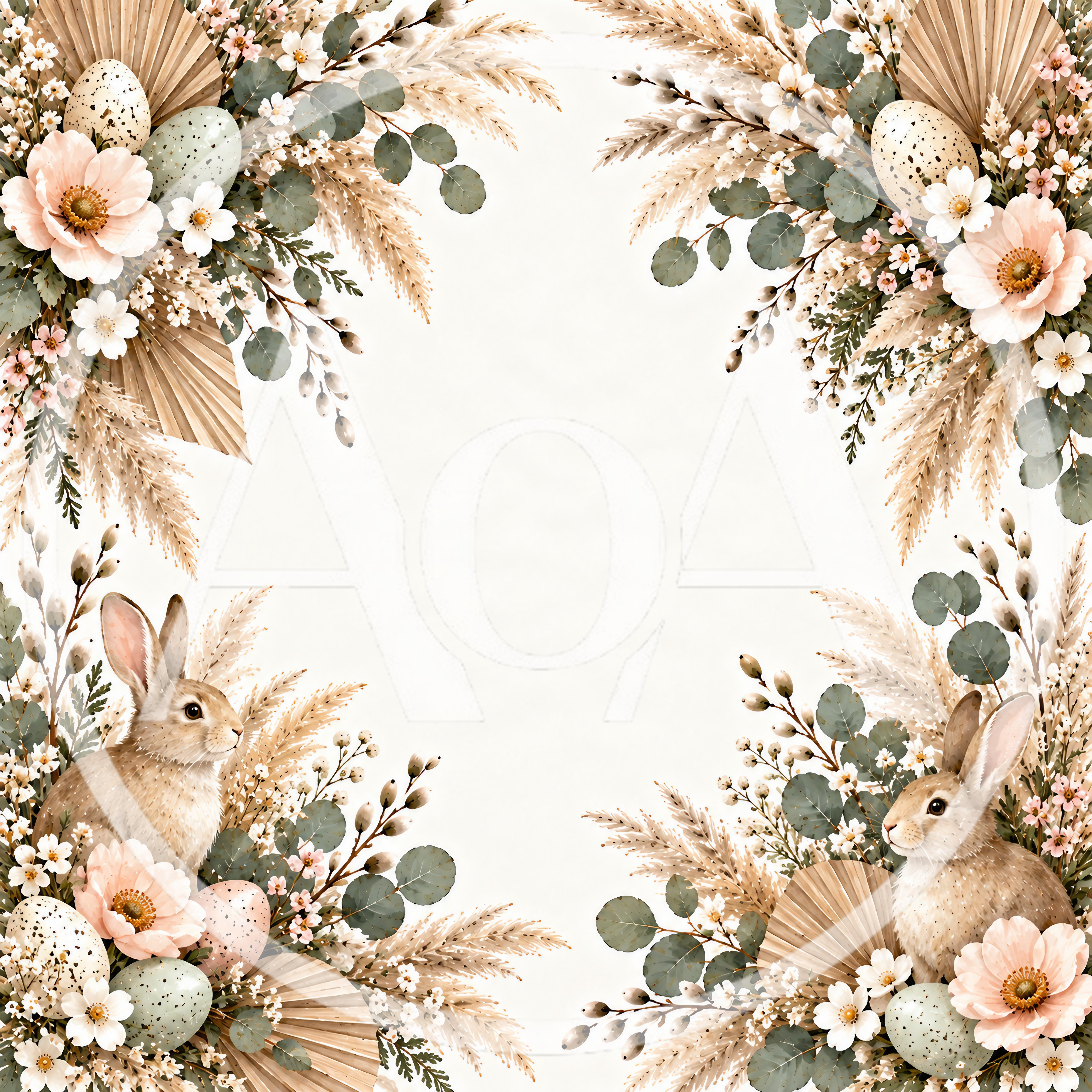 Easter Bunny Floral Frame With Speckled Eggs