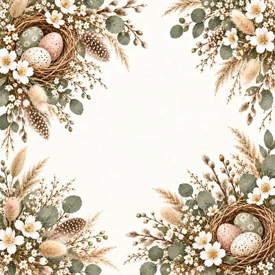 Easter Floral Frame With Bird Nests And Eggs