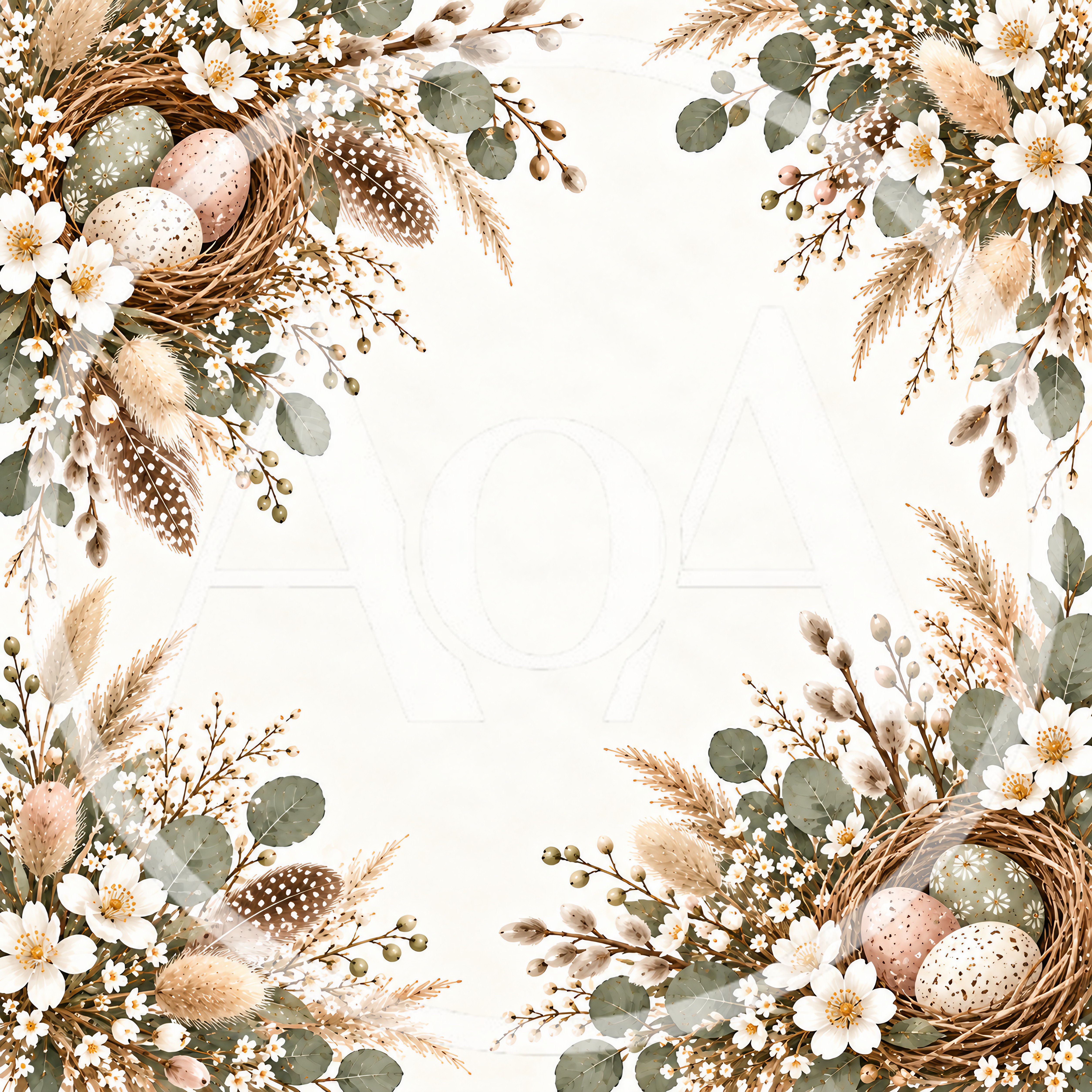 Easter Floral Frame With Bird Nests And Eggs