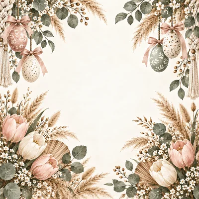Boho Easter Floral Frame With Hanging Eggs