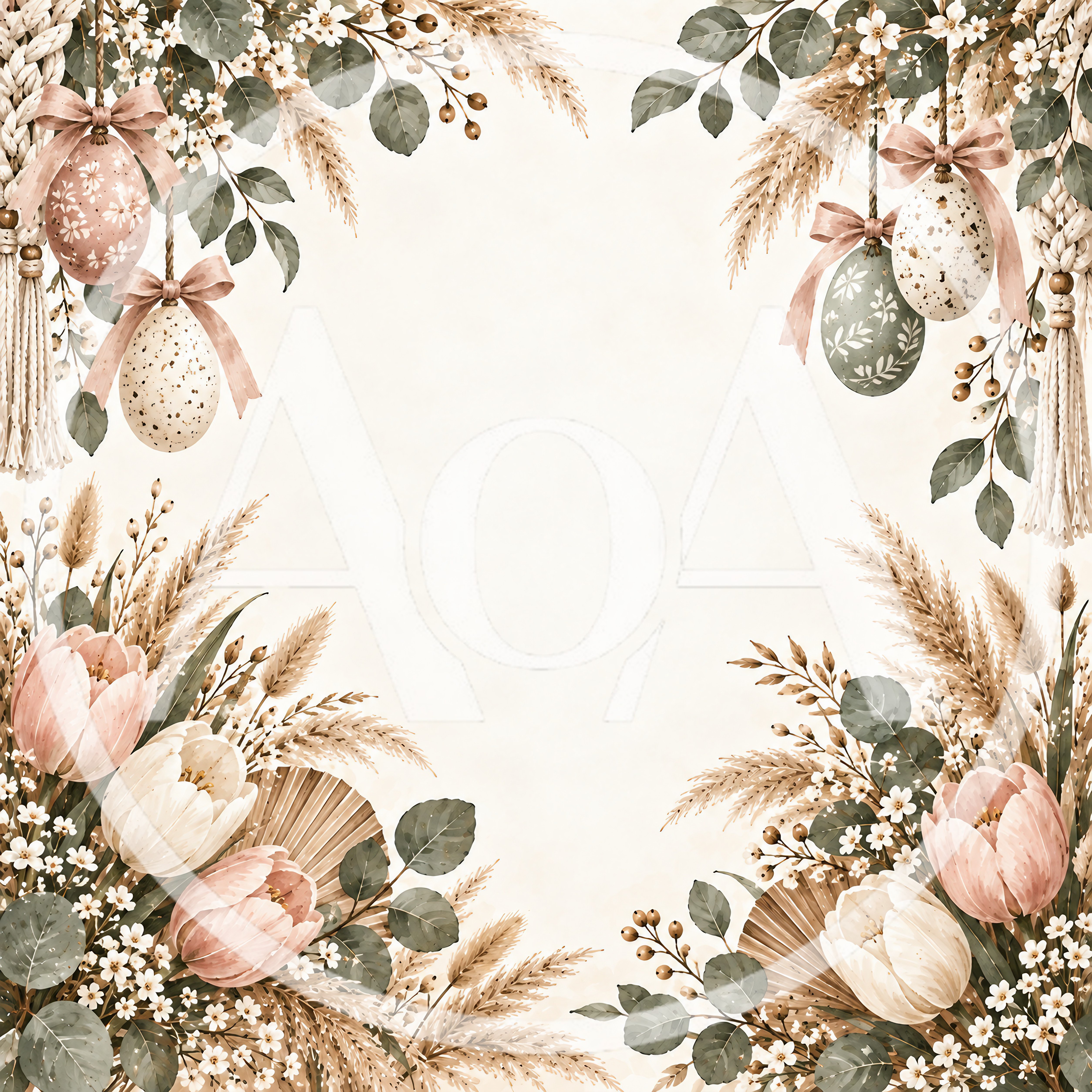 Boho Easter Floral Frame With Hanging Eggs