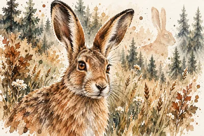 Watercolor Illustration Of A Brown Hare In Forest