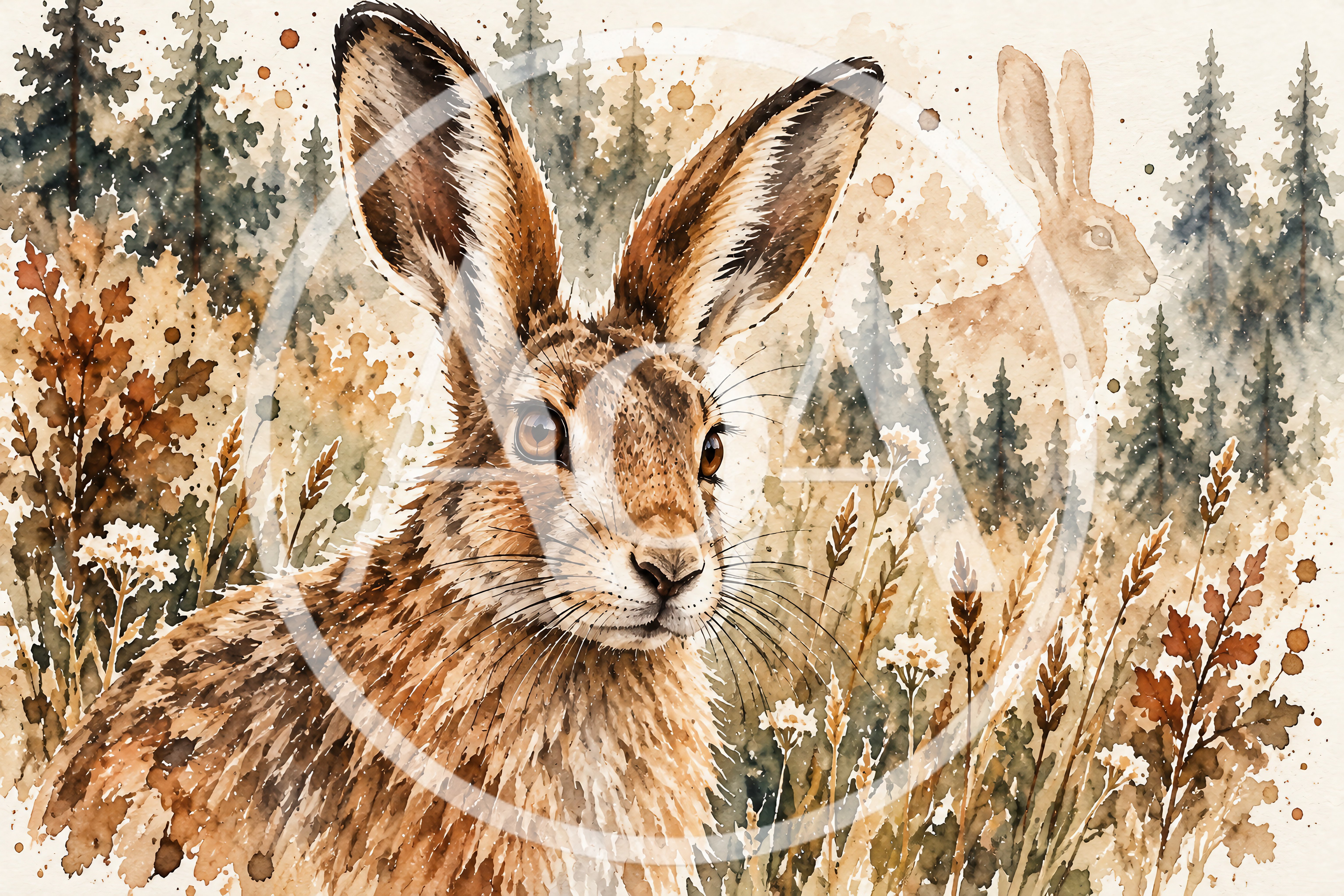 Watercolor Illustration Of A Brown Hare In Forest
