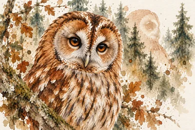 Watercolor Illustration Of A Tawny Owl In Forest