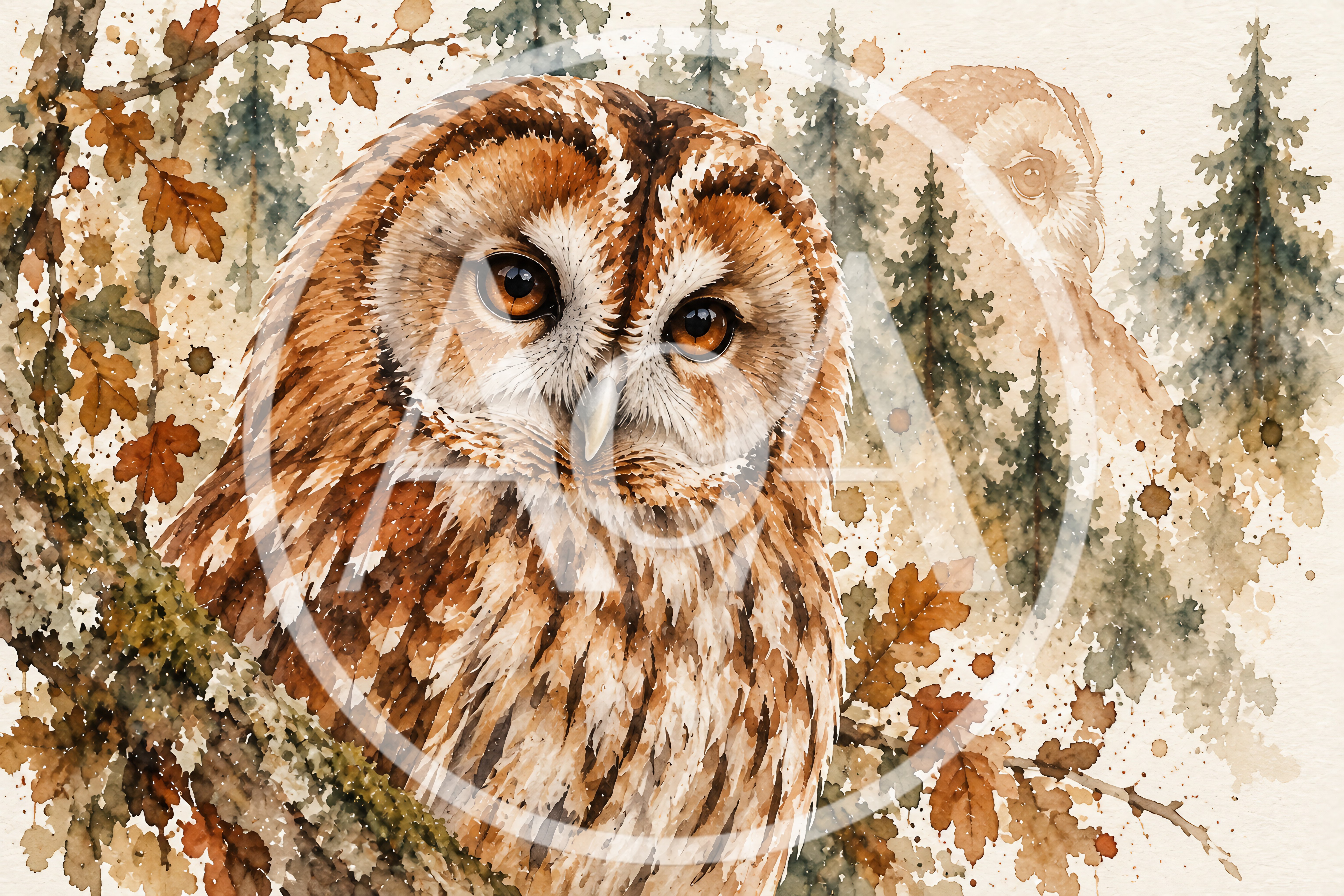 Watercolor Illustration Of A Tawny Owl In Forest