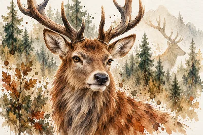 Watercolor Illustration Of A Majestic Red Deer Stag