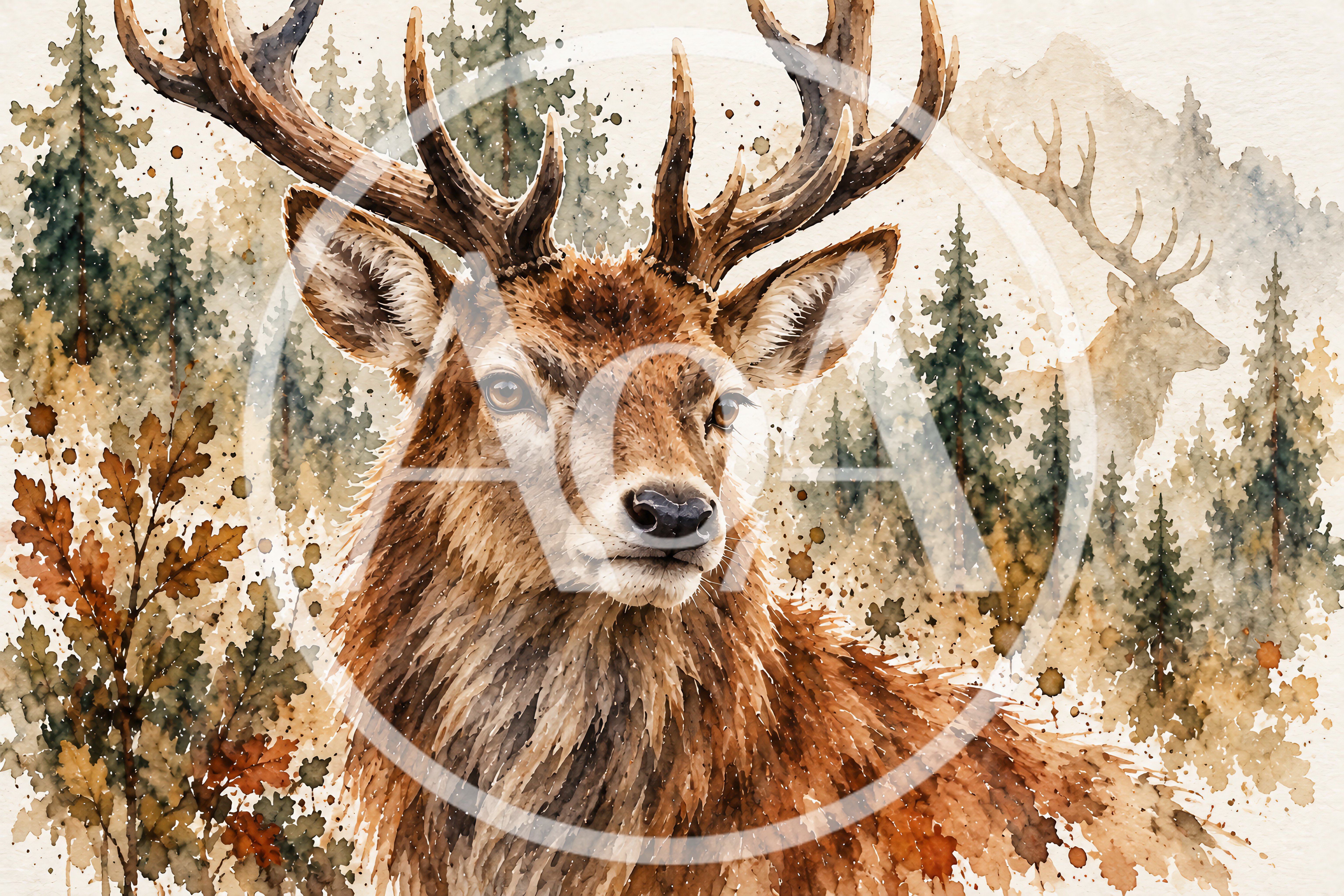 Watercolor Illustration Of A Majestic Red Deer Stag