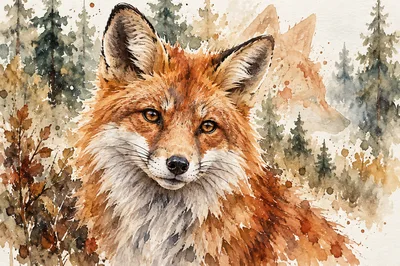 Watercolor Illustration Of A Red Fox In Forest