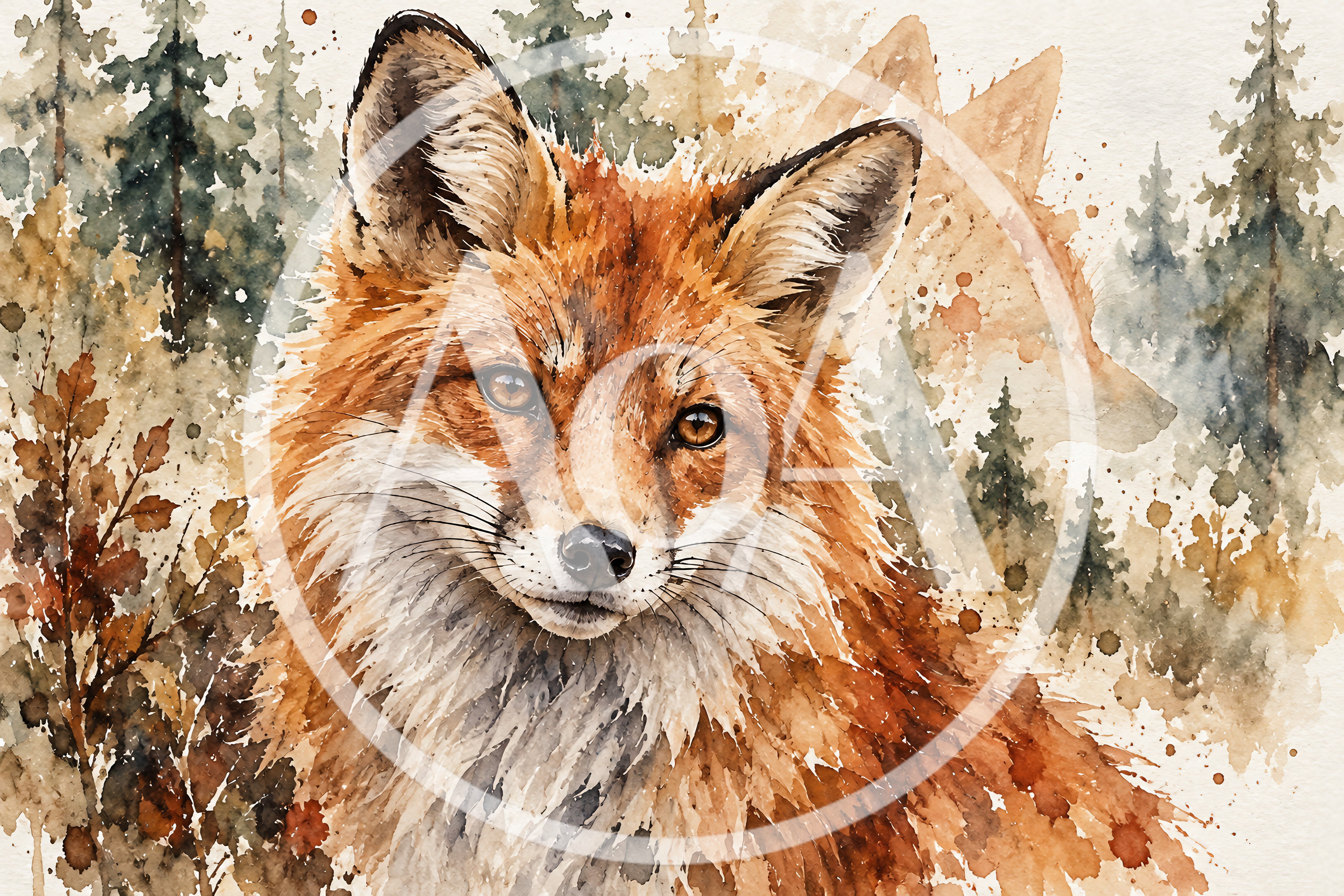 Watercolor Illustration Of A Red Fox In Forest