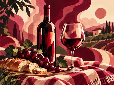 Wine Bottle And Glass With Grapes And Bread