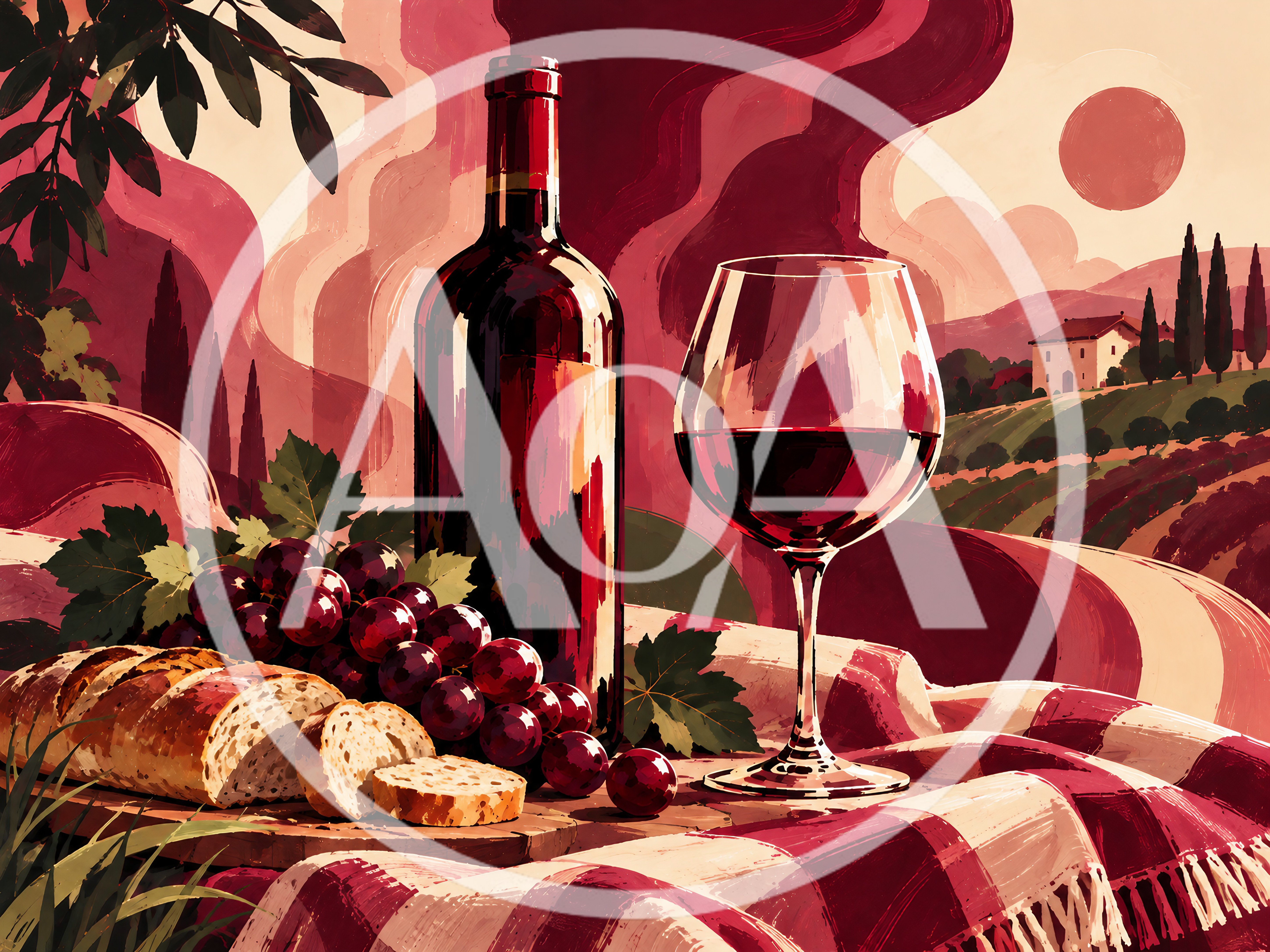 Wine Bottle And Glass With Grapes And Bread
