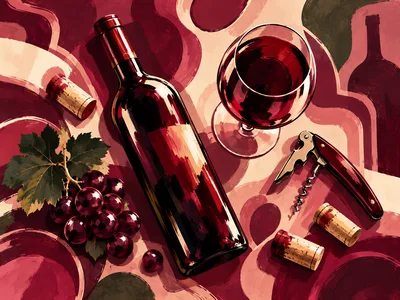 Red Wine Bottle Glass And Grapes Still Life