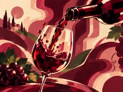 Red Wine Pouring Into Glass With Vineyard Background