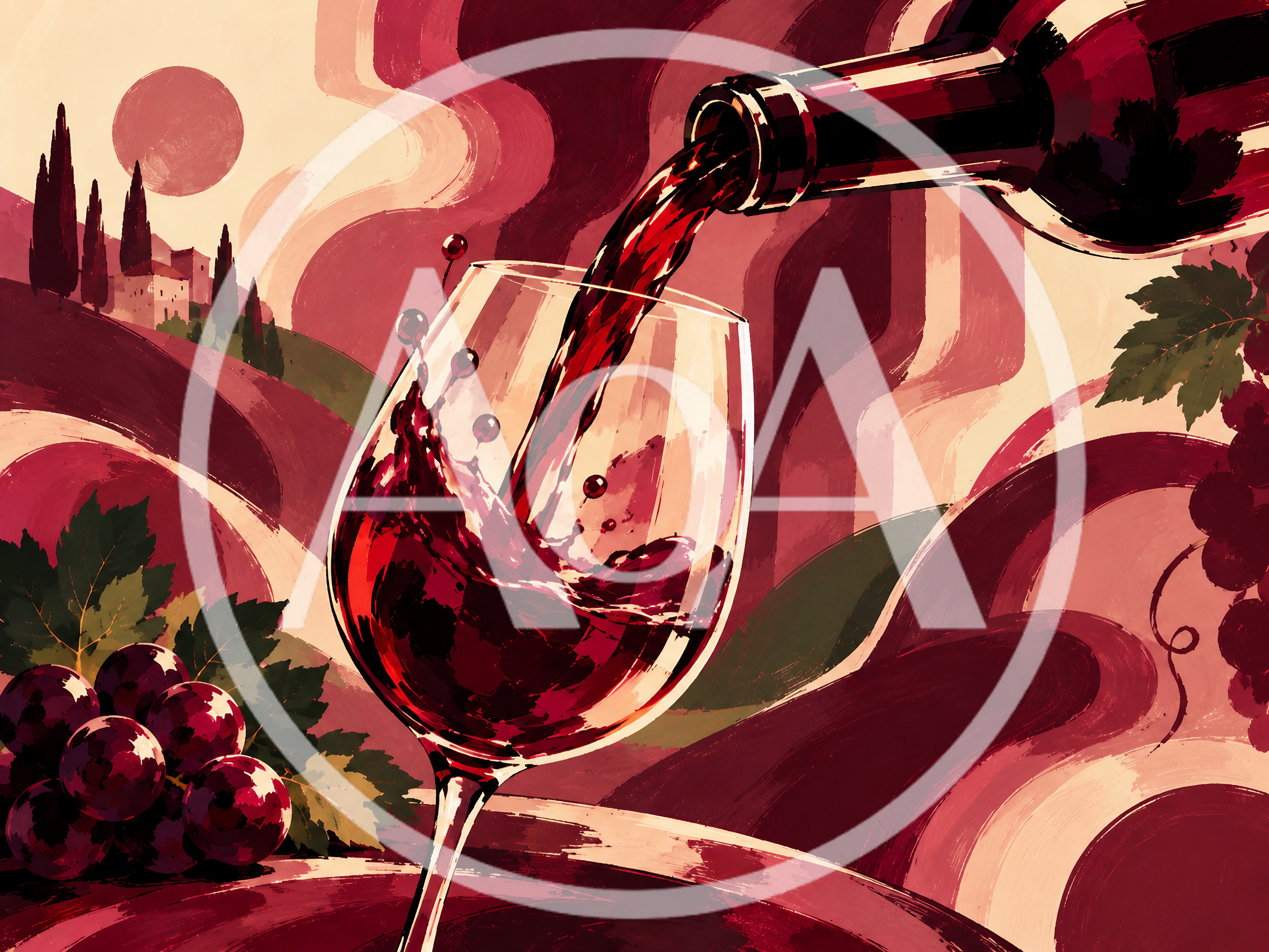 Red Wine Pouring Into Glass With Vineyard Background