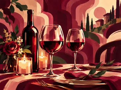 Romantic Wine Dinner Setting With Candles And Flowers