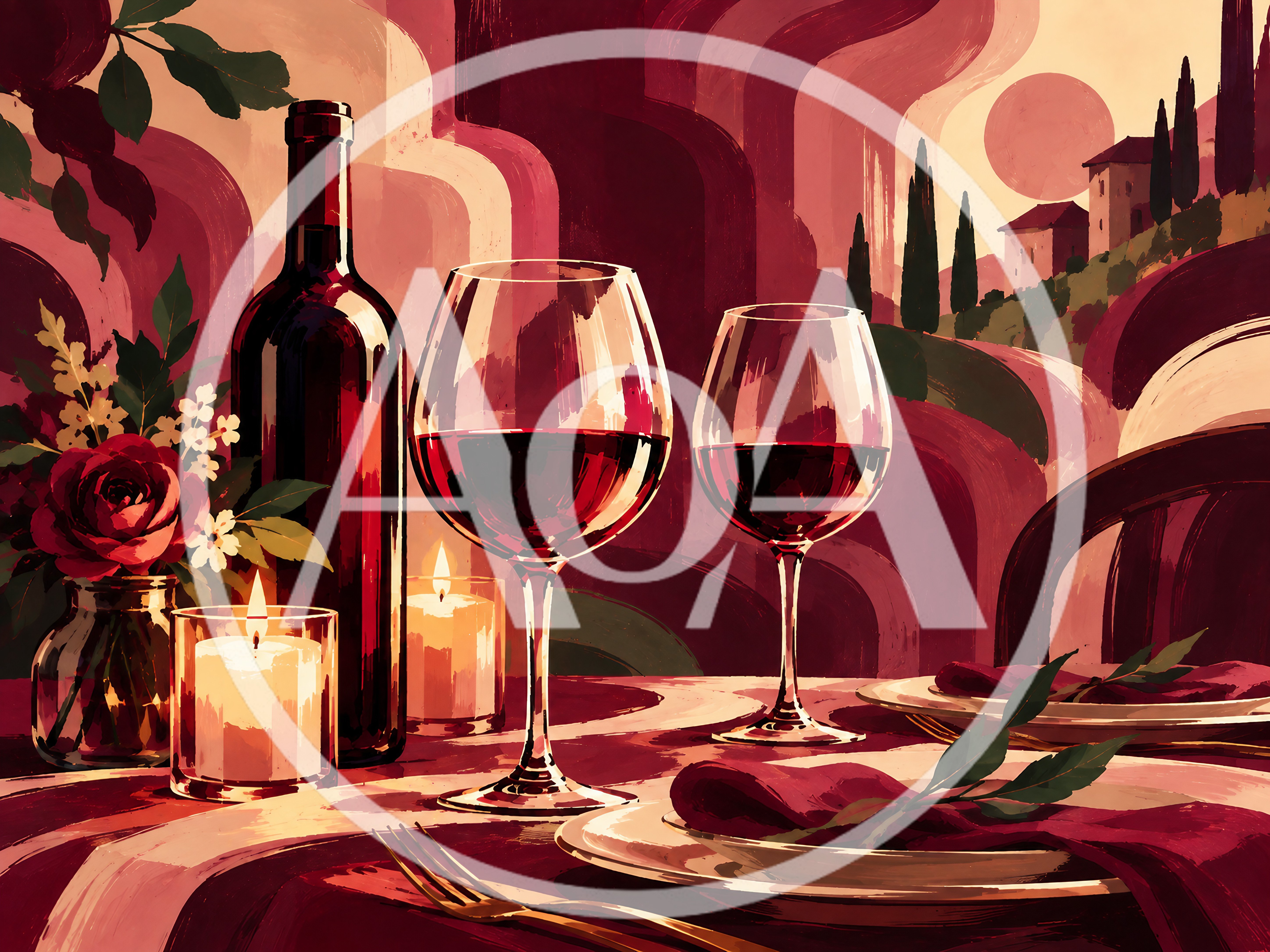 Romantic Wine Dinner Setting With Candles And Flowers