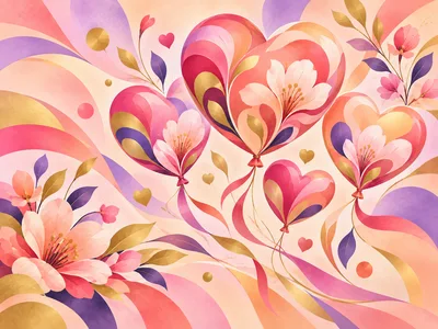 Abstract Watercolor Illustration Of Heart Shaped Floral Balloons