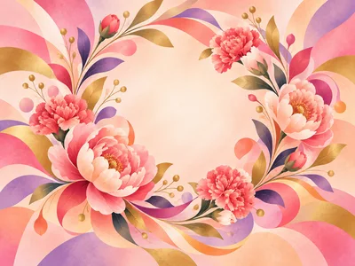 Floral Wreath With Peonies And Abstract Swirls