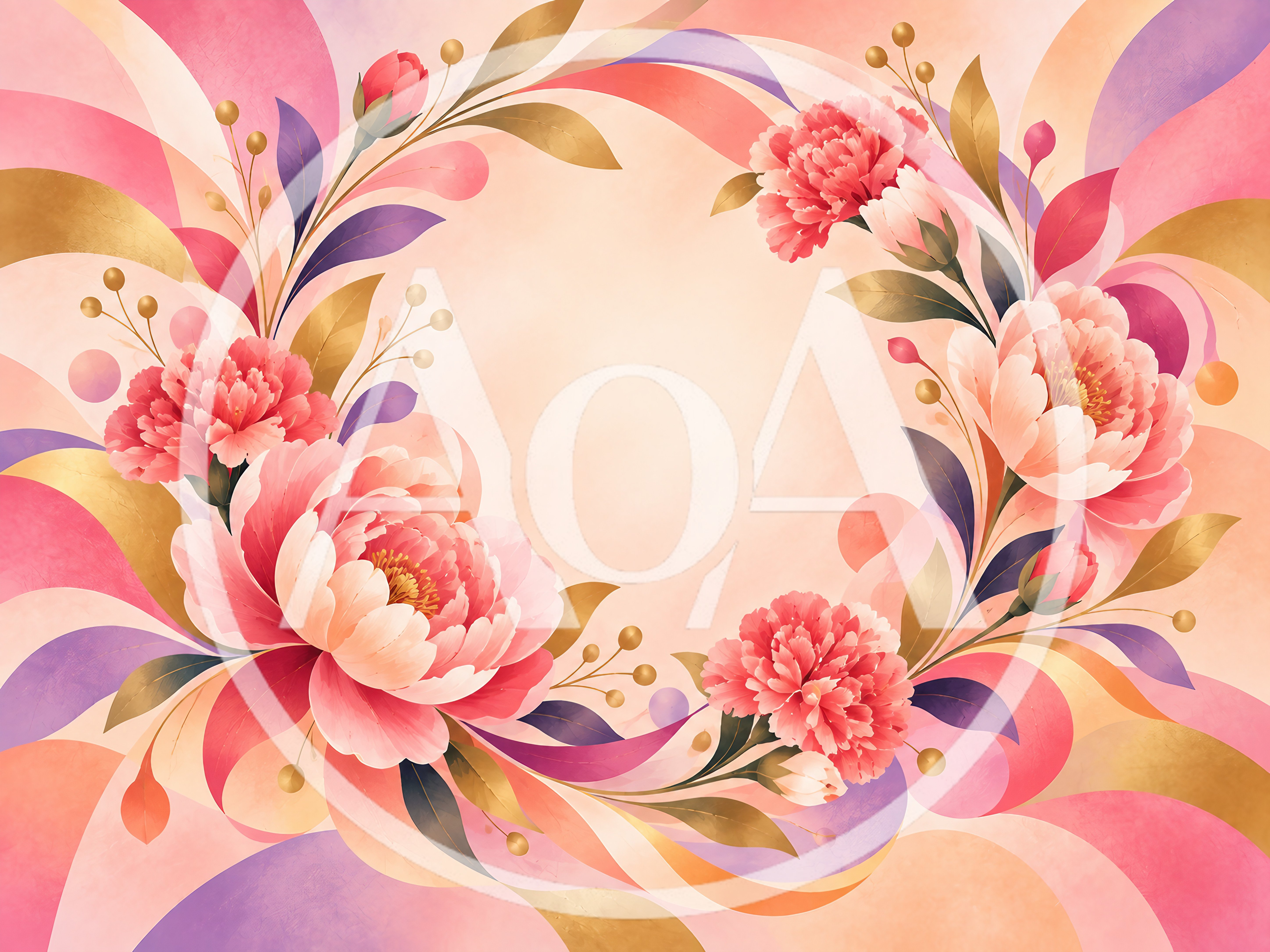 Floral Wreath With Peonies And Abstract Swirls