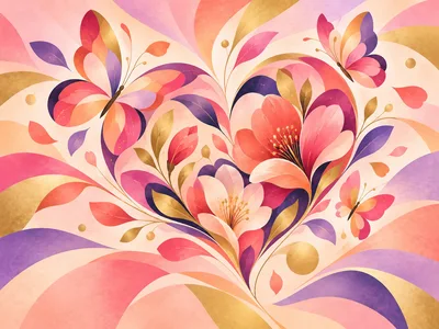 Abstract Floral Heart Composition With Butterflies