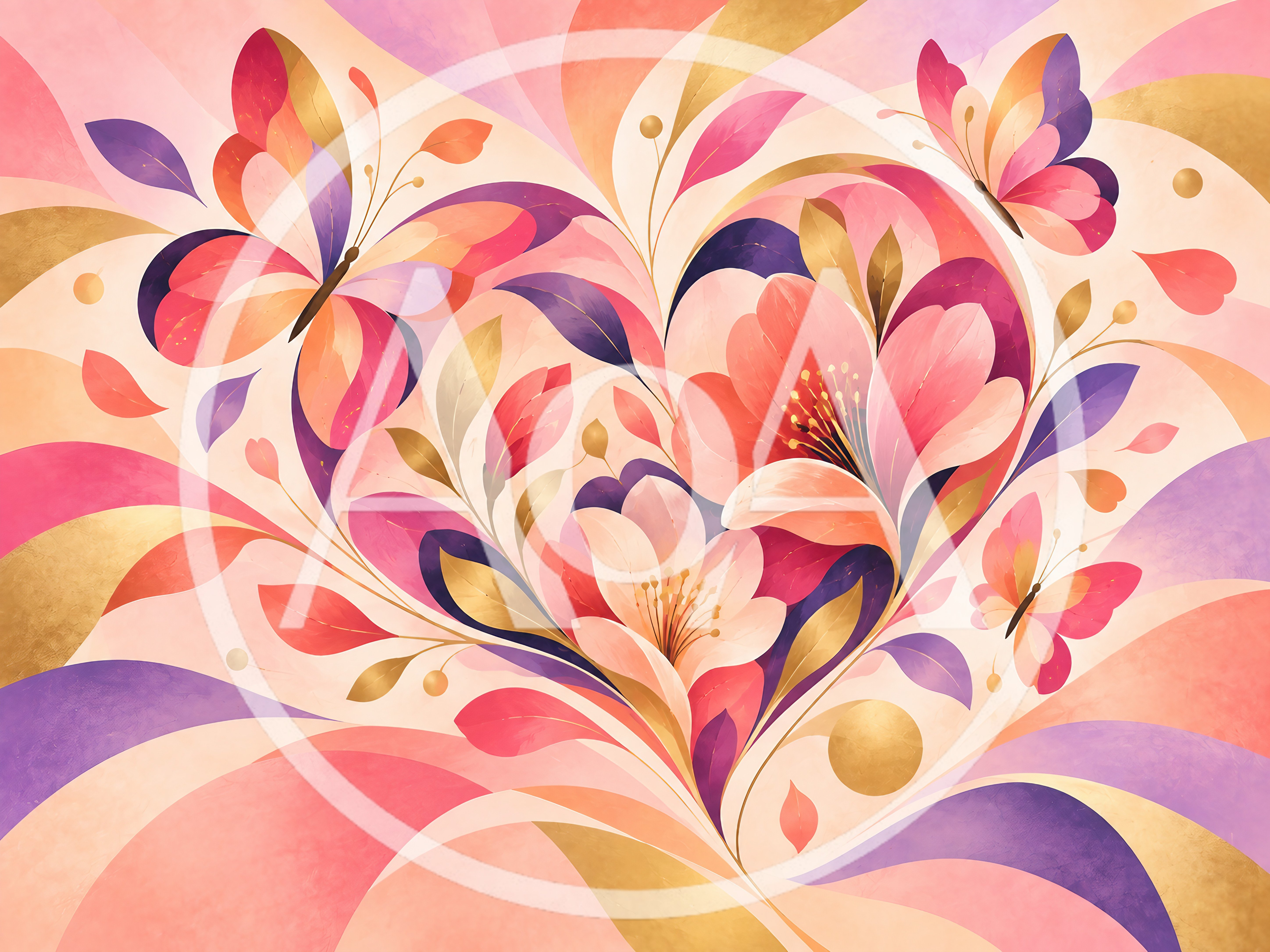 Abstract Floral Heart Composition With Butterflies