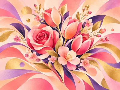 Abstract Floral Bouquet With Pink Roses And Tulips