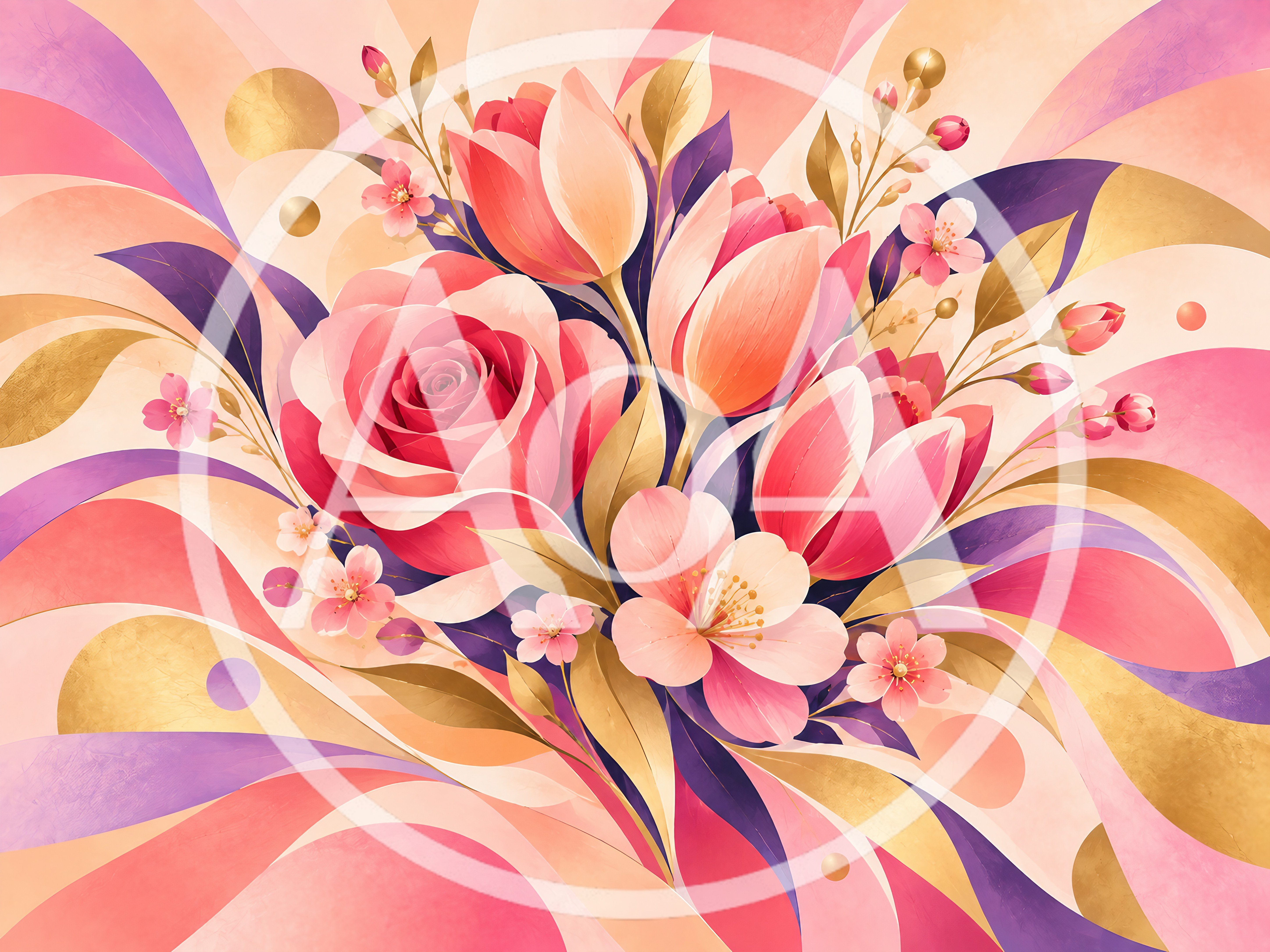 Abstract Floral Bouquet With Pink Roses And Tulips