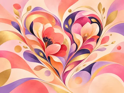 Abstract Floral Heart Illustration With Gold Accents