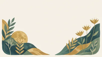 Abstract Botanical Landscape With Golden Moon And Flowers