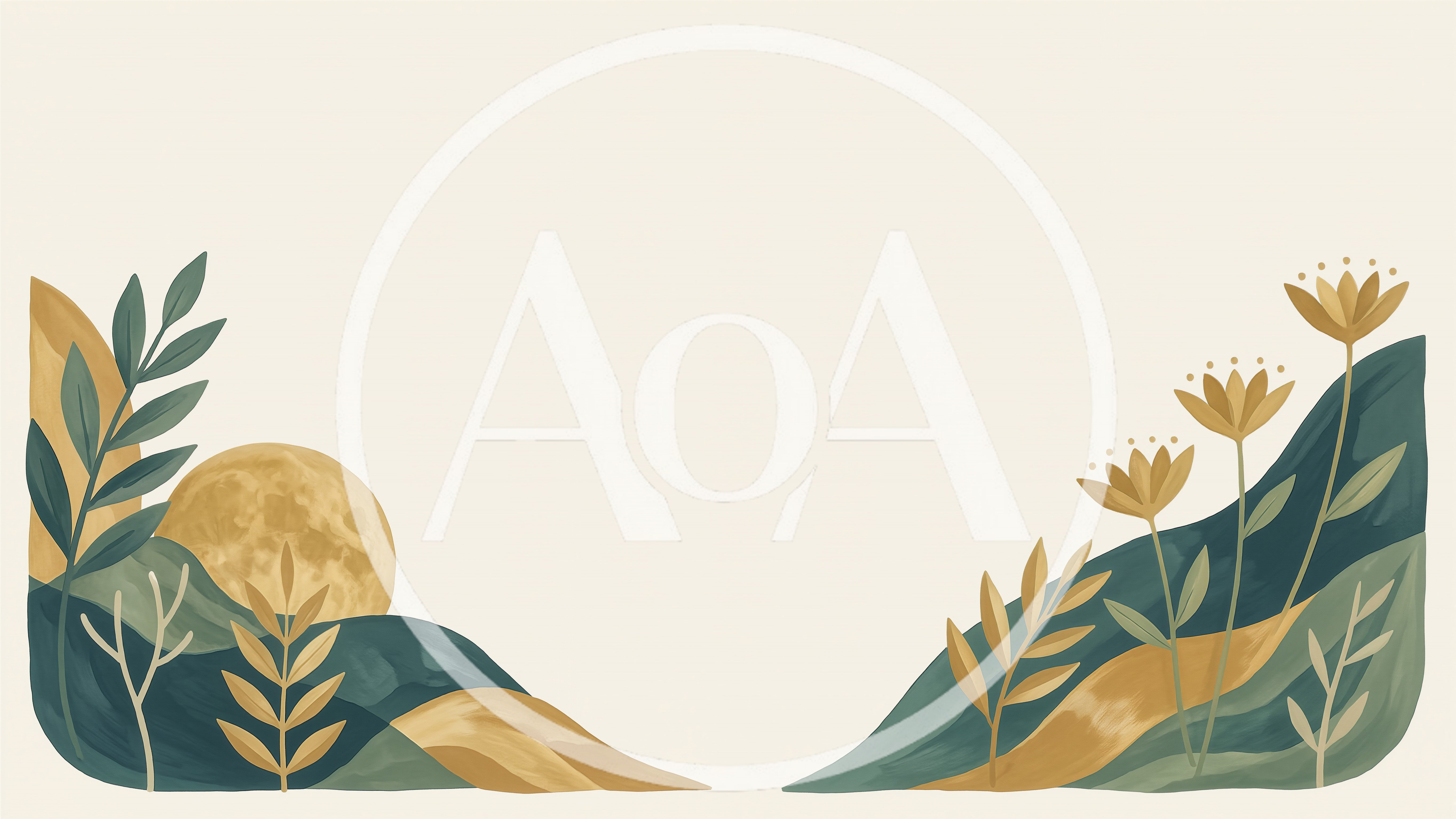Abstract Botanical Landscape With Golden Moon And Flowers