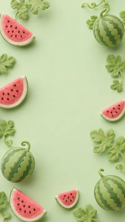 Watermelon Slices and Whole Melons on Pastel Green Background