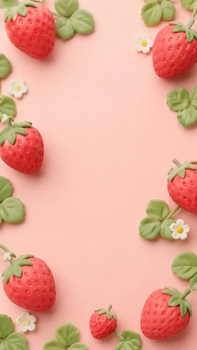 Strawberry Border Frame on Soft Pink Background
