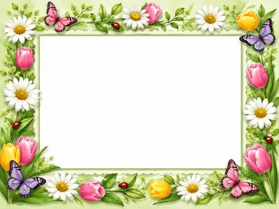 Floral Border Frame With Butterflies And Ladybugs