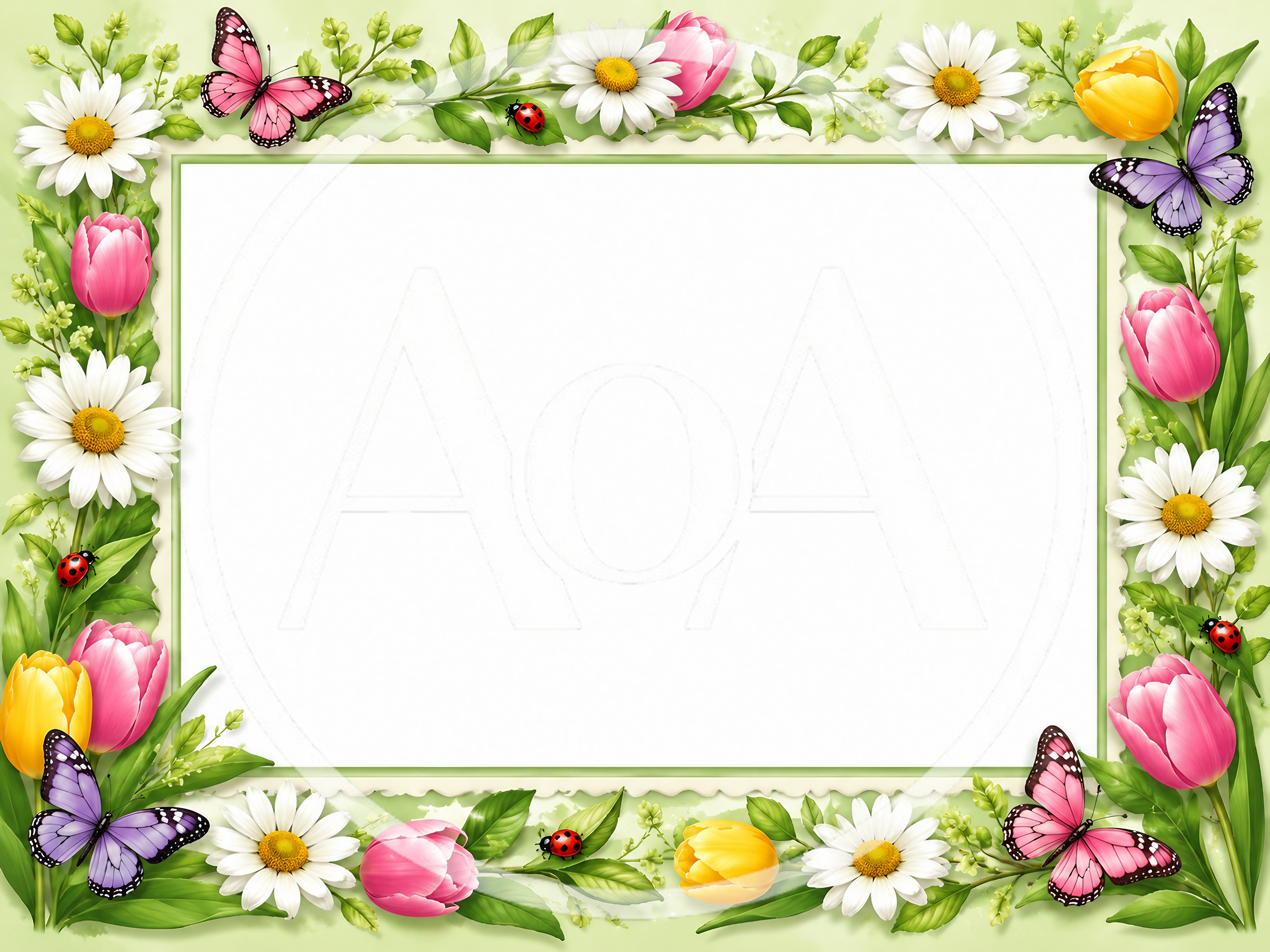 Floral Border Frame With Butterflies And Ladybugs