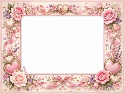 Decorative Floral Frame With Pink Roses And Hearts