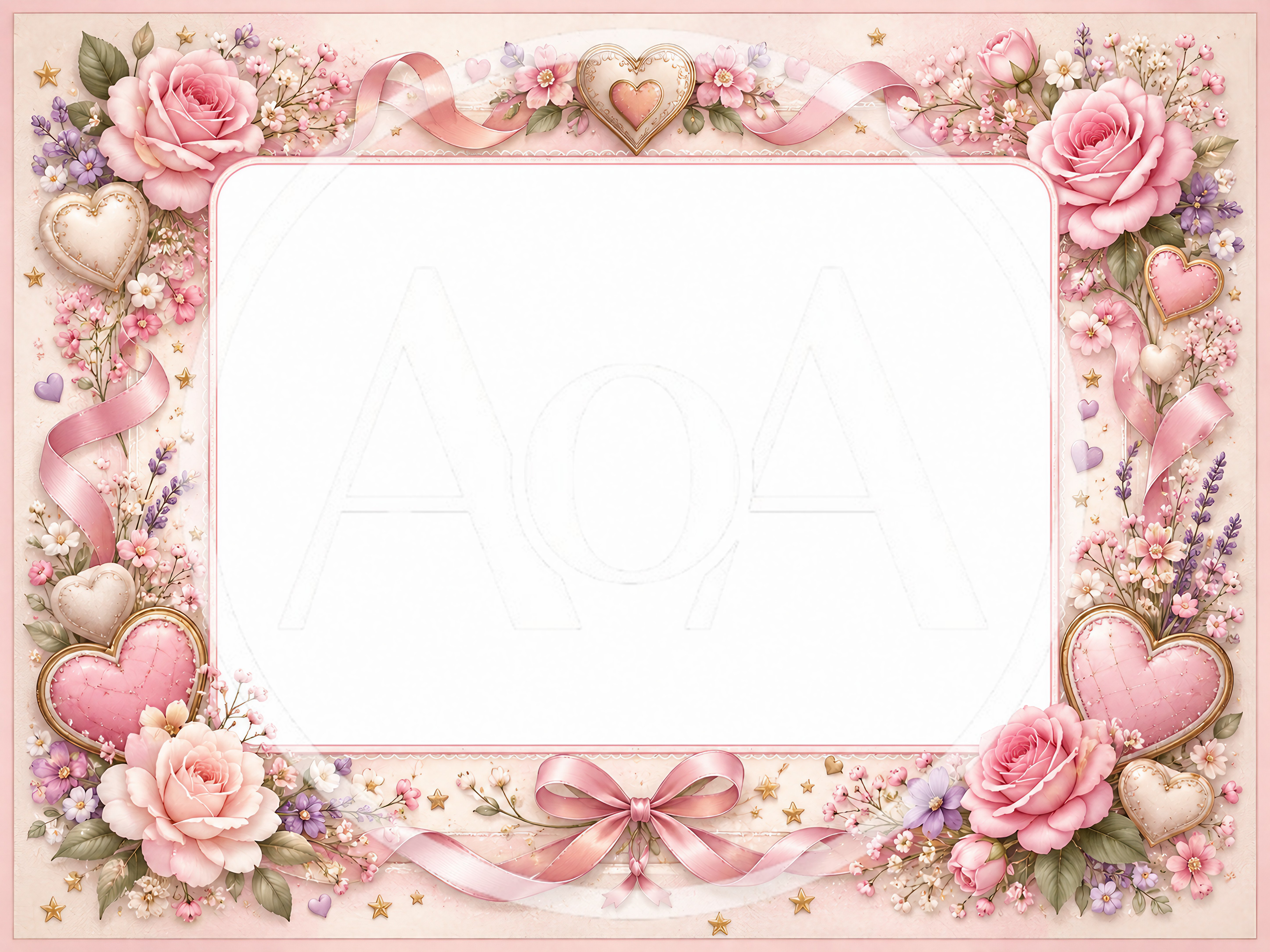 Decorative Floral Frame With Pink Roses And Hearts