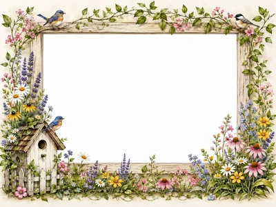 Floral Garden Frame With Birds And Birdhouse