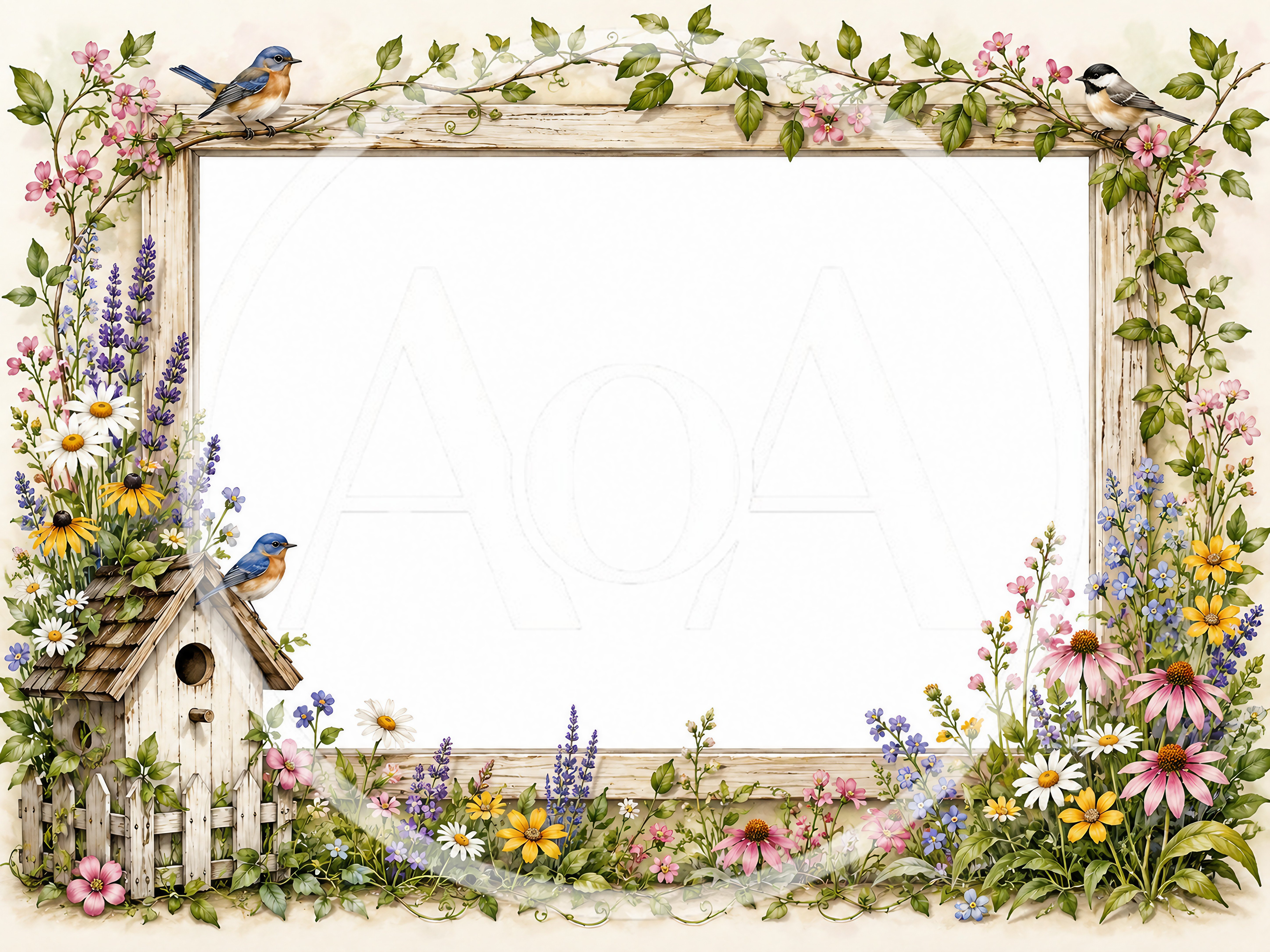 Floral Garden Frame With Birds And Birdhouse