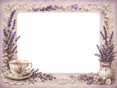 Vintage Lavender Floral Frame With Teacup And Vase