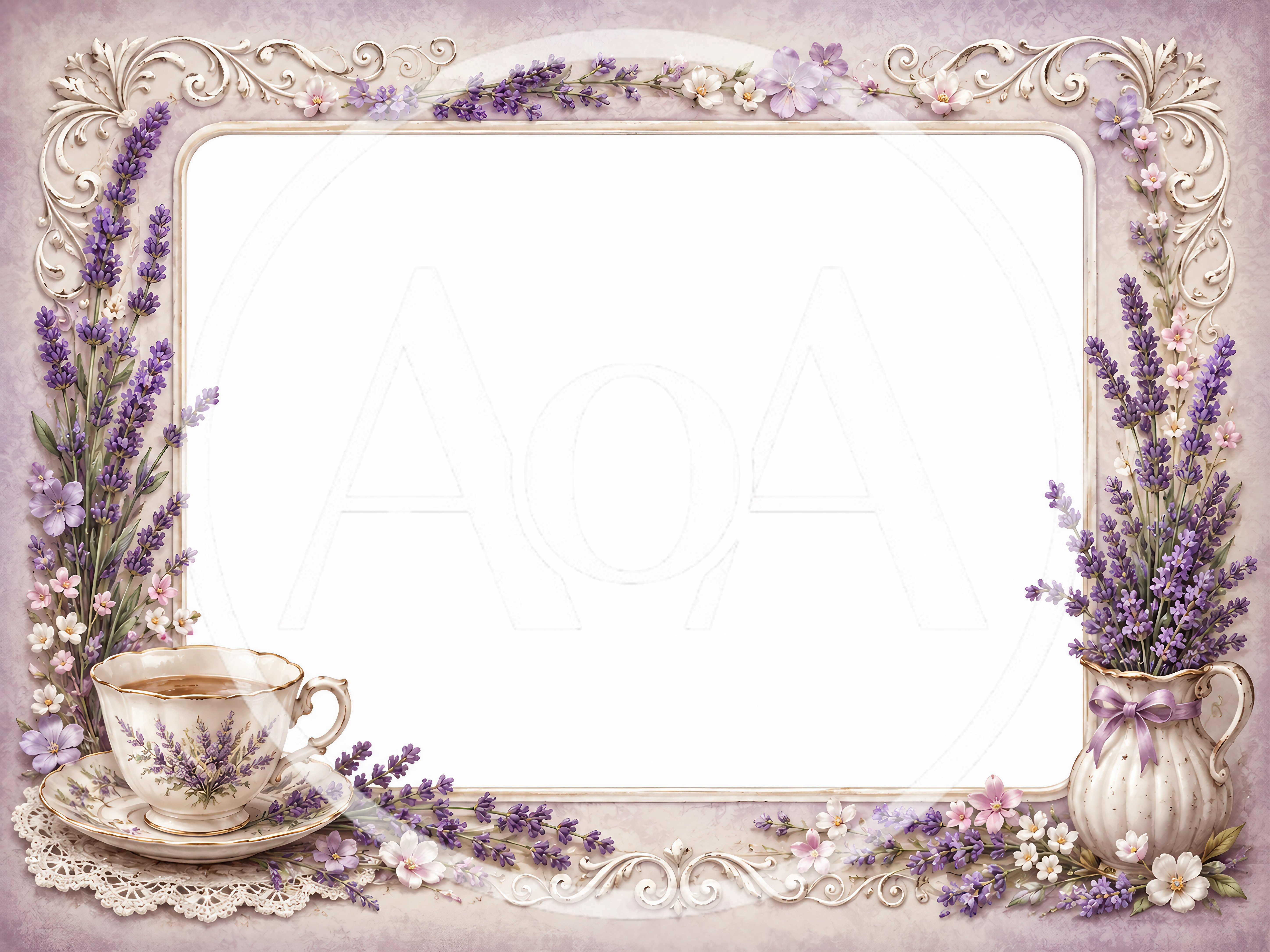 Vintage Lavender Floral Frame With Teacup And Vase