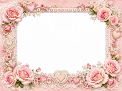 Romantic Pink Rose Floral Frame With Decorative Hearts