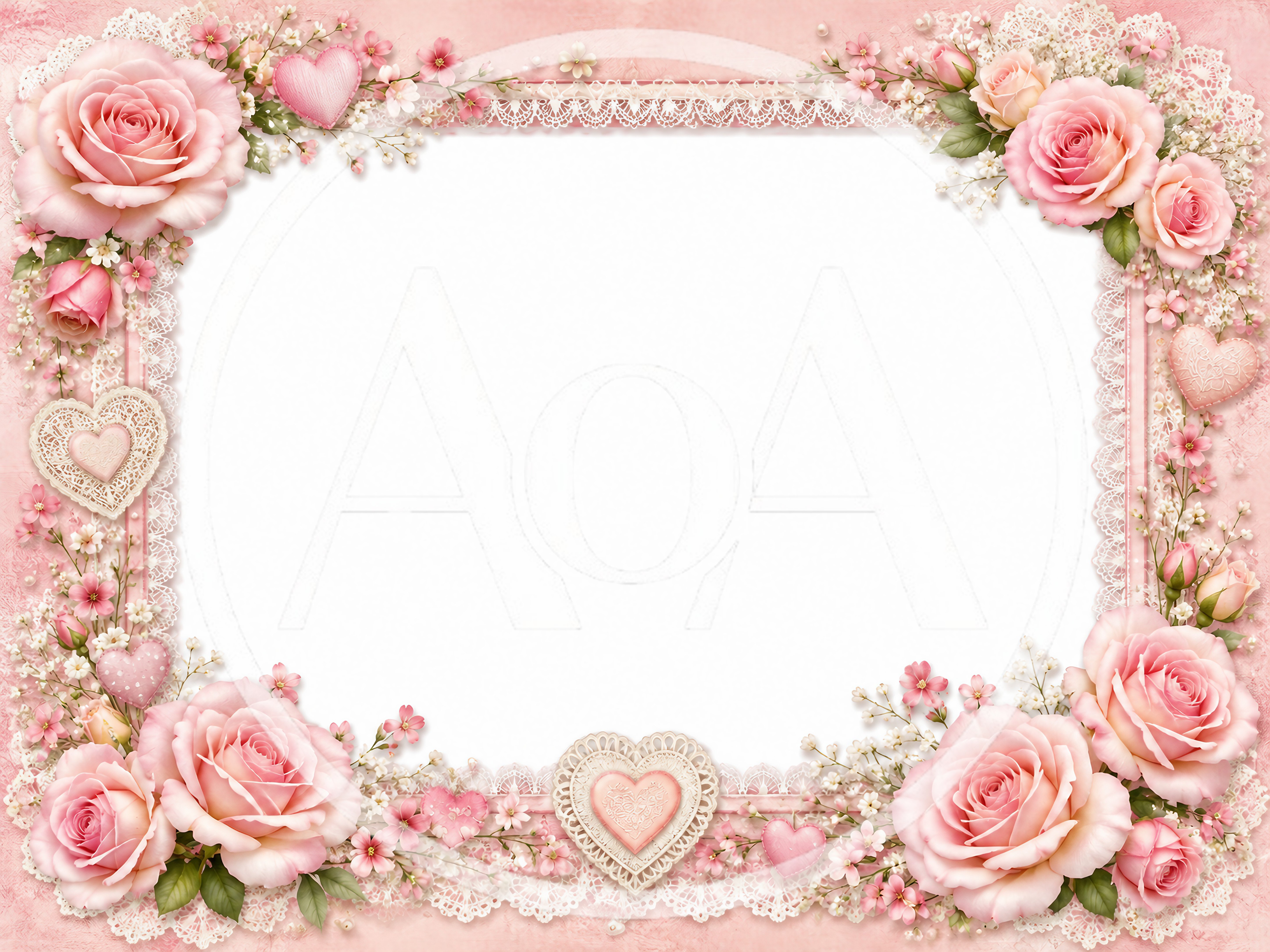 Romantic Pink Rose Floral Frame With Decorative Hearts