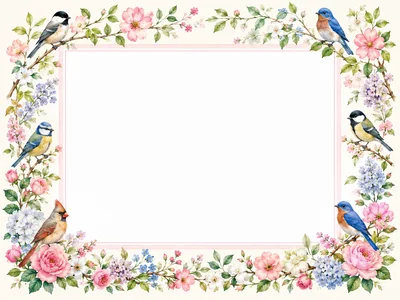 Watercolor Floral Frame With Various Songbirds